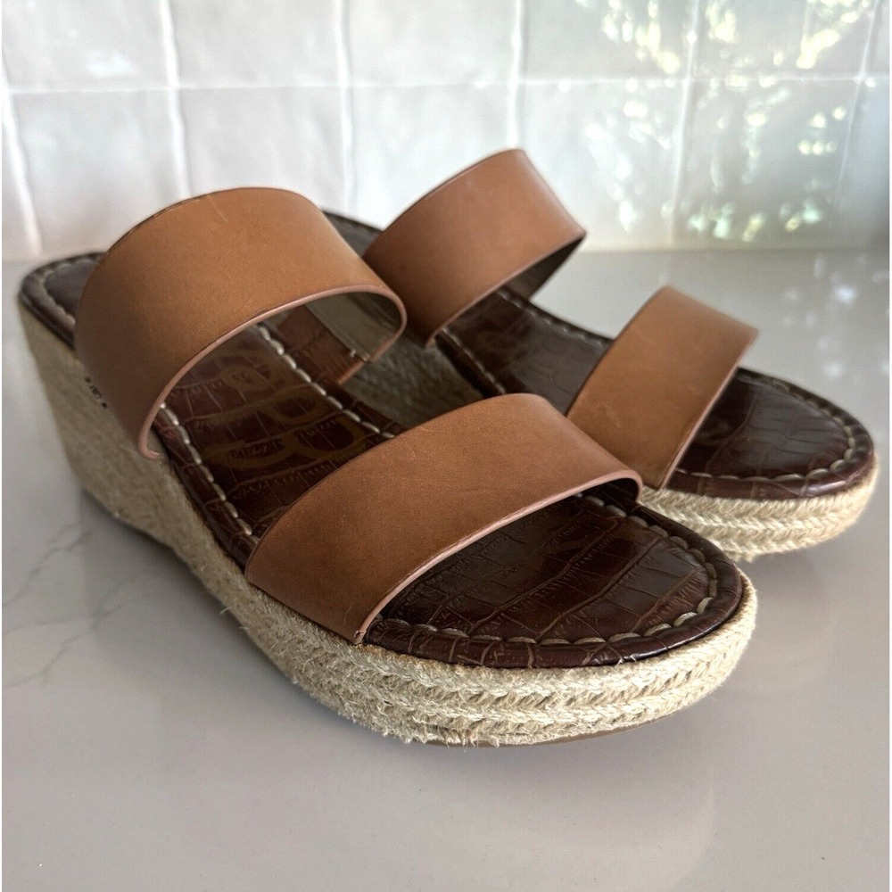 Sam Edelman Rubie Wedge Sandals Womens 8 Brown Leather Espadrille Platform Slide